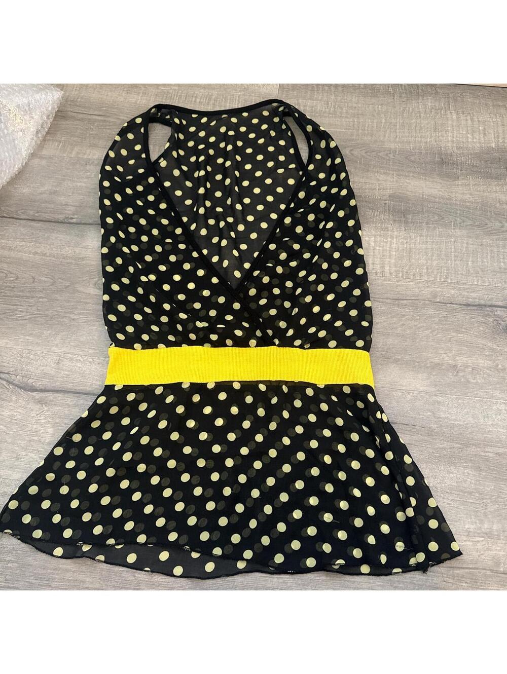 Black Polka Dot Sleeveless Dress with Yellow Waistband